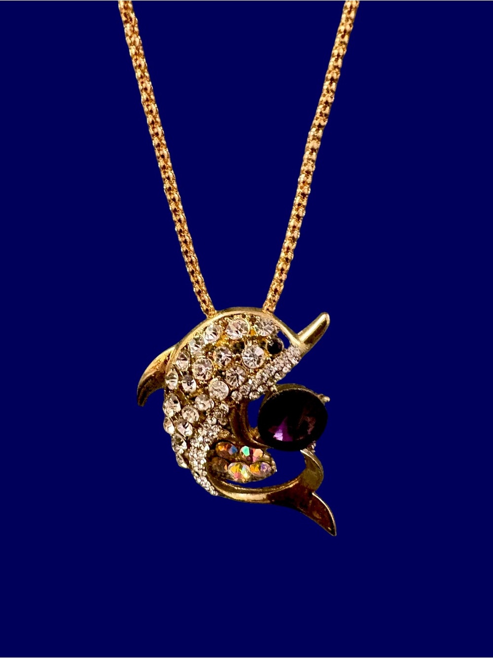 NEW Betsy Johnson Gold Dolphin Crystal Pendant Necklace